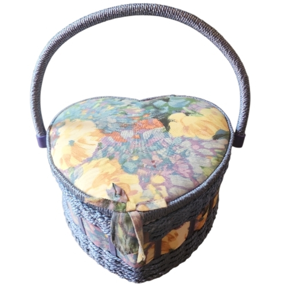 Heart Shape Sewing Box Handle Basket Organizer Blue Floral Fabric Plastic Insert